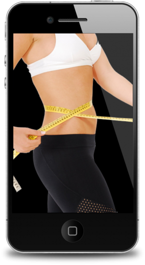 woman measuring waist on iphone screen