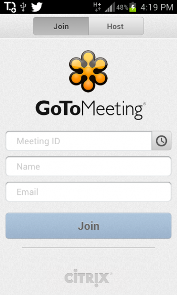 GoToMeeting app login screen